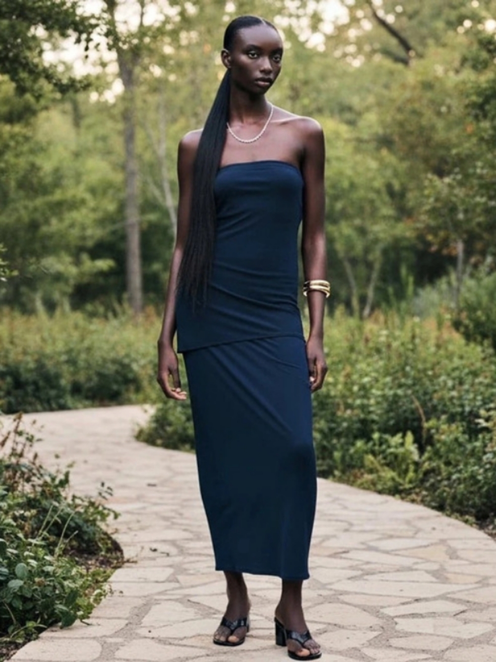 Zara Strapless Asymmetrical Midi Dress in Blue